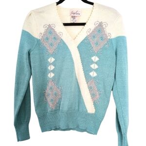 Vintage 80s Jaclyn Smith‎ Knit Puff Sleeve Sweater (Medium) Blue White Beaded